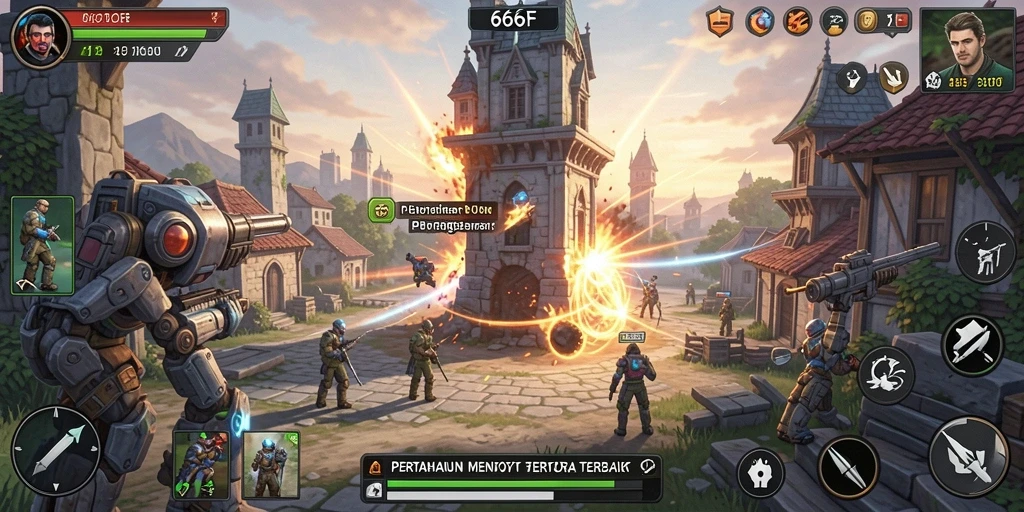 Screenshot gameplay 666F menampilkan aksi pertahanan menara yang mendebarkan.