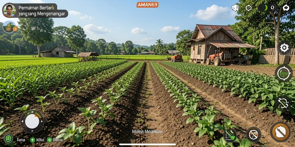Tampilan permainan AMAN69 dengan ladang yang luas dan beragam tanaman.