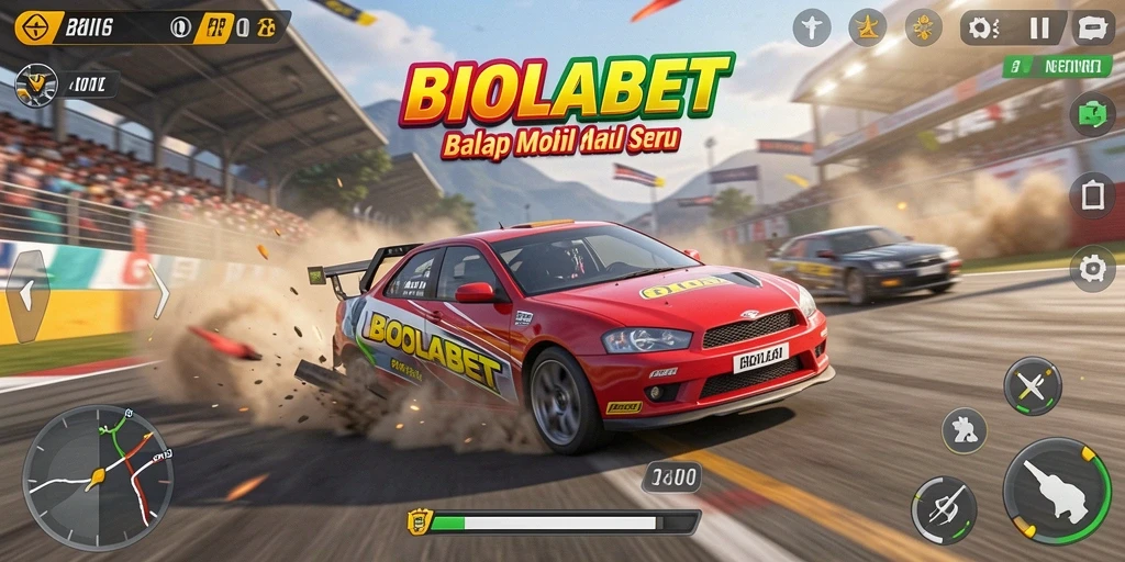 Screenshot gameplay BIOLABET dengan balapan mobil yang intens.