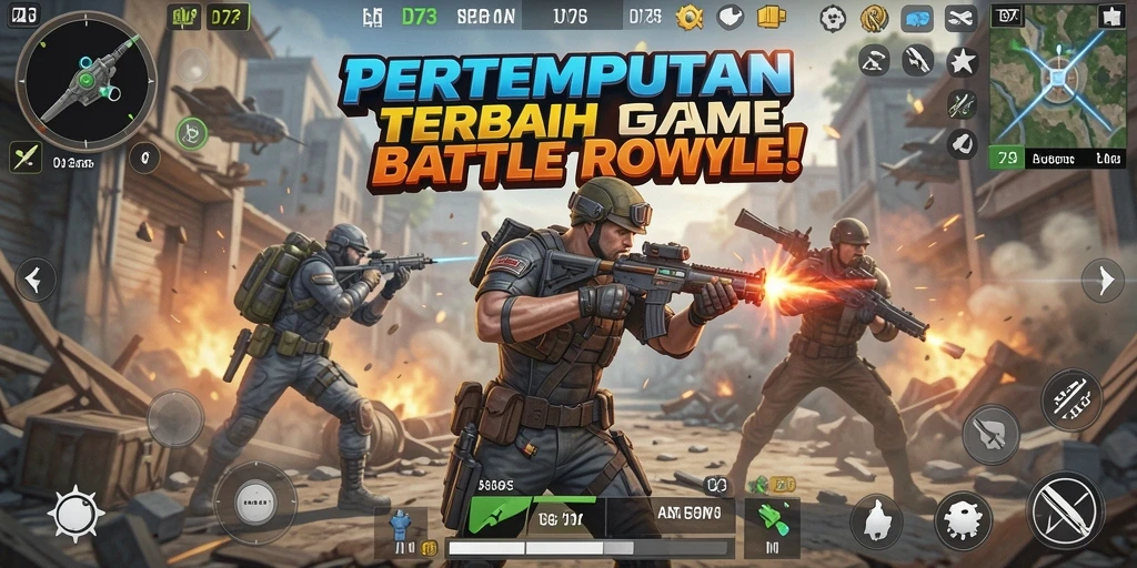 Screenshot utama D73 menampilkan aksi seru dalam gameplay Battle Royale.