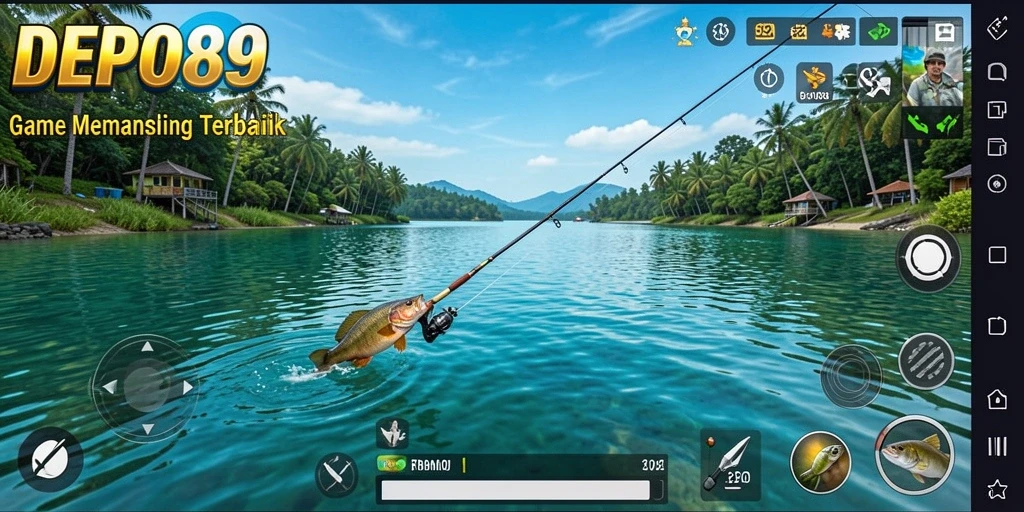 Screenshot DEPO89 menunjukkan aksi seru memancing dengan pemandangan indah.