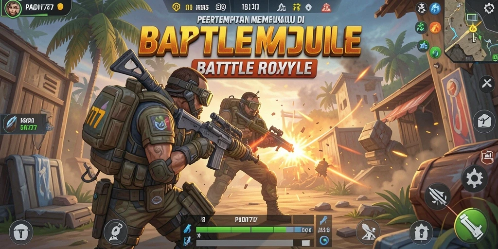 Screenshot PADI777 menampilkan pertempuran seru di medan tempur Battle Royale.