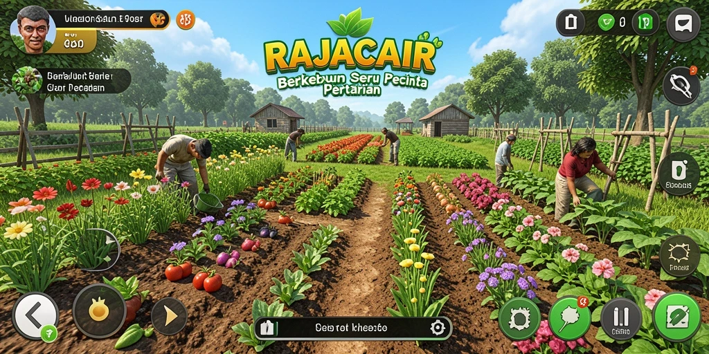 Tampilan gameplay menarik di RAJACAIR dengan aktivitas bercocok tanam.