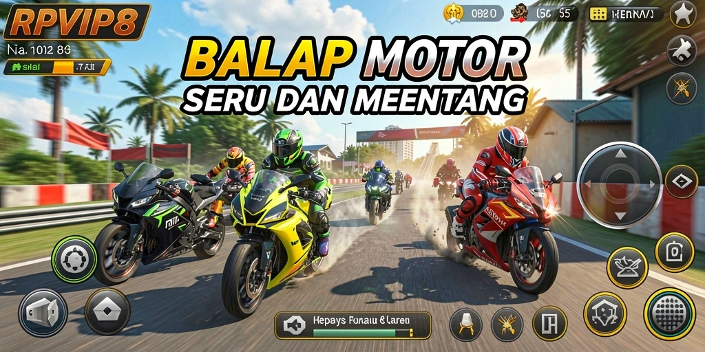 Screenshot gameplay RPVIP8 dengan aksi balap motor yang mengesankan.