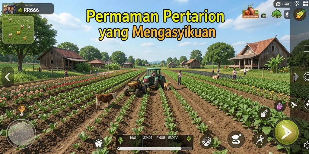 Screenshot gameplay RR666 yang menampilkan ladang pertanian yang luas dan hewan ternak.