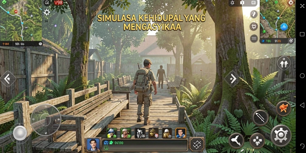 Screenshot V98 menampilkan karakter dalam simulasi interaktif yang menarik.